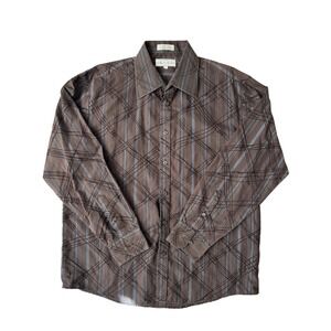 Eighty Eight Men's Brown Blue Plaid Button Up Long Sleeve Shirt Size Large